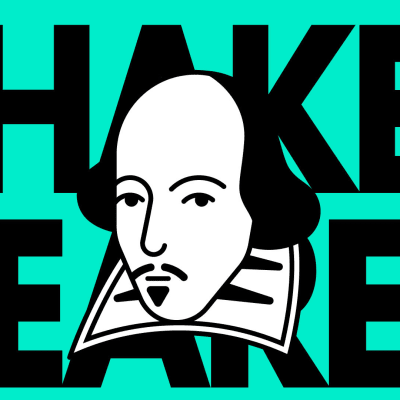 Piirretty kuva William Shakespearen naamasta ja teksti Shakespeare.