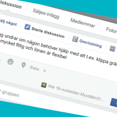 En skärmdump av en statusuppdatering på Facebook där en ungdom erbjuder sig att t.ex. klippa gräsmattan åt folk.