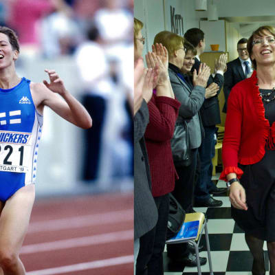 Två bilder på Sari Essayah - en som idrottare, en som politiker.