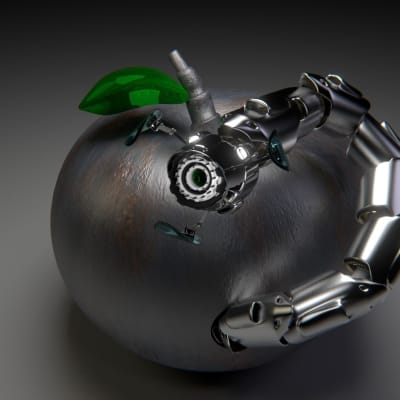 ett silverfärgat äpple invaderas av en robotlik mask