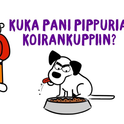 Piirros, jossa kaksi miestä ja koira