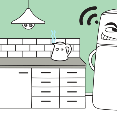 Ett tecknat kylskåp som kommunicerar med andra apparater i ett kök.