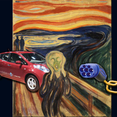 Munchs skriet med infogad elbil och laddsladd.