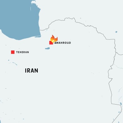En karta över Iran där städerna Teheran och Shahroud är utmärkta.