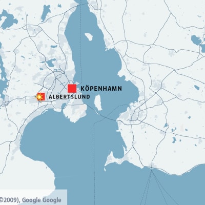 Karta på Själland och västra södra Sverige med Köpenhamn och Albertslund utmärkta.