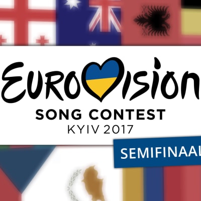 Kuvassa lukee Eurovision Song Contest Kyiv 2017, Semifinaali 1. Tekstiä ympäröi osallistuvien maiden liput.