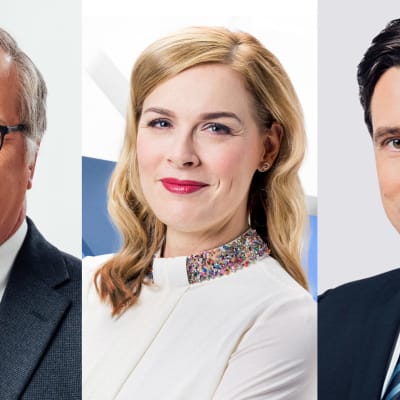 Kuvassa ovat Ylen uutisjuontajat Matti Rönkä, Piia Pasanen ja Jussi-Pekka Rantanen.