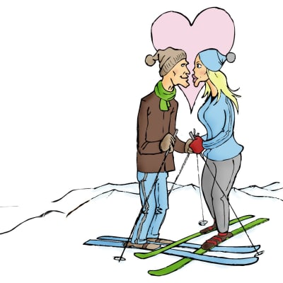 Man och kvinna kysser varandra på skidor