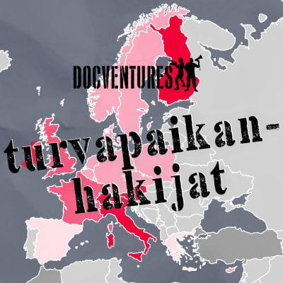 Euroopan kartta, jossa päällä teksti turvapaikanhakijat ja Docventures-logo