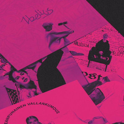 Levyjä levitettynä vaaleanpunaisen filtterin alla. Kuvassa näkyy Lana Del Reyn, Pariisin Kevään, Iben, Costeen, F:n, Ellinooran ja Lizzon levyt.