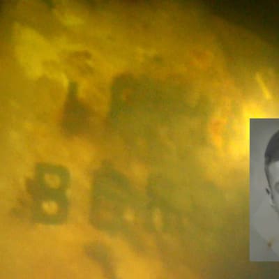 en svartvit bild av en ung mans anskikte mot gul bild av en del av vraket efter m/s irma