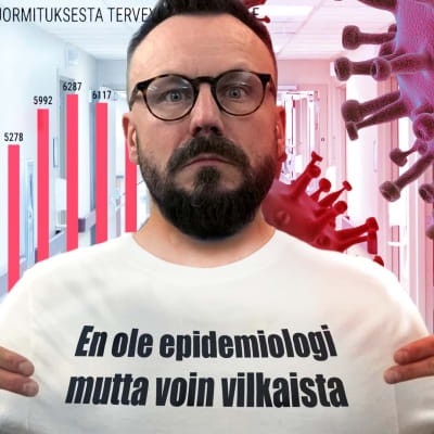 Riku Rantala päällään t-paita, jossa teksti: "En ole epidemologi, mutta voin vilkaista"