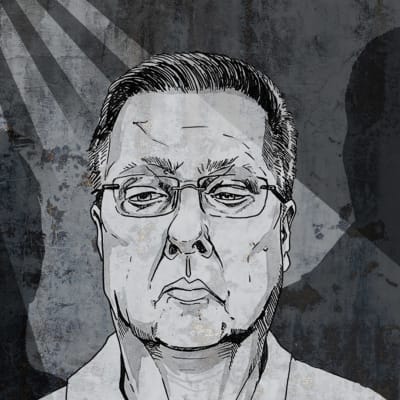 Piirroskuva Jari Aarniosta ja kahdesta varjohenkiöstä.