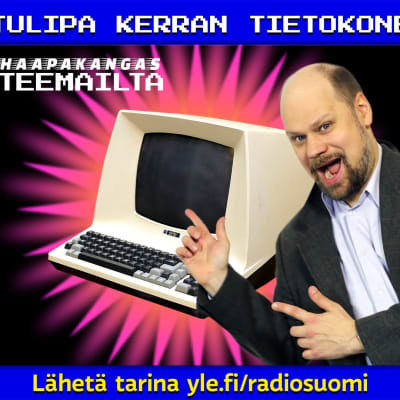Olli mainostamassa vanhaa tietokonetta