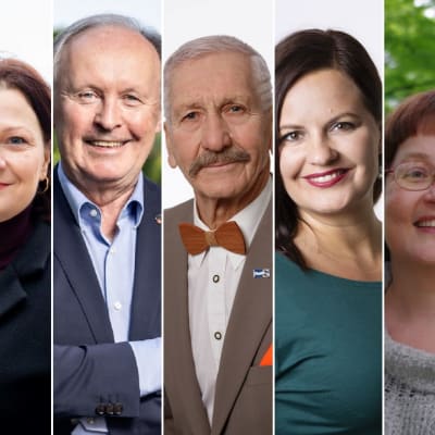 Turun pormestariehdokkaat 2021. Jarmo Laivoranta (kesk.), Minna Arve (kok.), Aki Lindén (sd.), Mikael Miikkola (ps.), Elina Rantanen (vihr.), Terhi Vörlund-Wallenius (r.) ja Sasu Haapanen (vas.).
