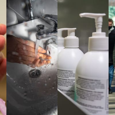Bildkollage: coronavaccin, handtvätt, desinfektionsmedel och personer med munskydd.