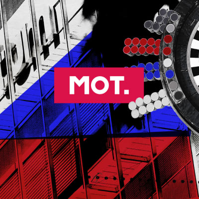 Ohjelmajulisteessa kollaasikuva, jossa venäjän lipun väreissä kuva ruletista ja fortumin pääkonttorin ulkoseinästä.  Päällä MOT-logo.