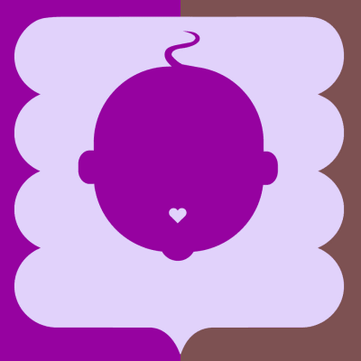 Graafinen kuva, oikealla laidalla laventelin värisiä kuvioita ruskealla pohjalla ja vasemmalla laidalla violetilla pohjalla laventelin värisiä kuvioita. Kuvan keskellä on violetti vauvan pää, jolla sydämen muotoinen pieni suu.