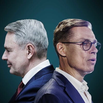 Bildmontage. Pekka Haavisto och Alexander Stubb med ryggen mot varandra på en mörkgrön bakgrund.