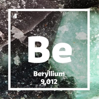 Berylliummineral och ruta med text om beryllium