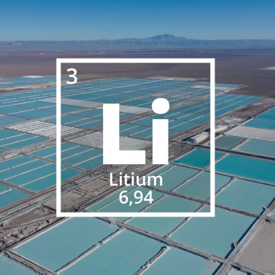 Den kemiska förkortningen för litium, Li. I bakgrunden en drönarbild av litiumfält i staden San Pedro de Atacama i Chile.