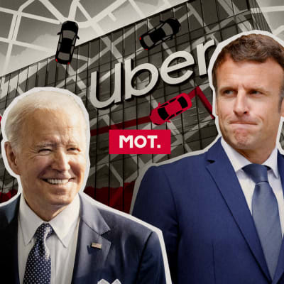 Kuvakollaasi: Joe Biden ja Emmanuel Macron, taustalla Uber-yhtiön toimitila ja tiekarttaa