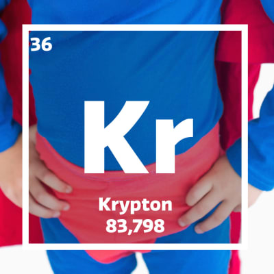 En ung person iklädd blåa trikåer, röd mantel och röda underbyxor. Därtill en ruta med information om krypton.