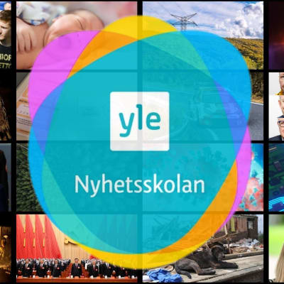 Ett bildkollage av nyhetsbilder. I mitten av bilden logon för Yle Nyhetsskolan.