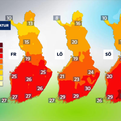 Tre kartor över Finland. Temperaturen anges med siffror och med färger från rött till  gult. 