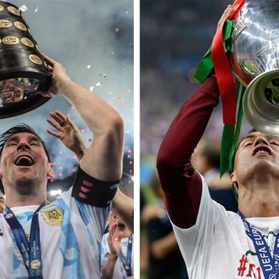 Lionel Messi nostamassa Copa América -pokaalia ja Cristiano Ronaldo nostamassa EM-pokaalia.