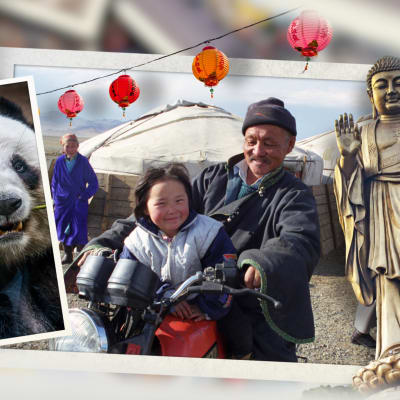 Kollaasi Aasia-aiheisista kuvista: panda, buddha-patsas ja isä ja tytär mopon selässä.