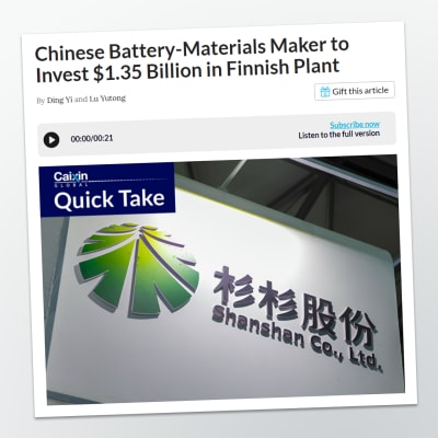 Kuvakaappaus Caixin Global -sivustolta, jossa näkyy uutinen, jonka mukaan kiinalainen Ningbo Shanshan suunnittelee 1,35 miljardin dollarin tehdasta Suomeen.