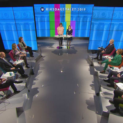 Skärmdump från Svenska Yles tvåspråkiga valdebatt den 8 april 2019.