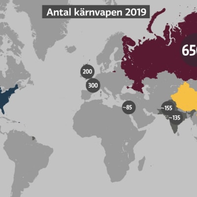 Karta över kärnvapnen i världen 2019. USA och Ryssland har flest, 6185 respektive 6500.