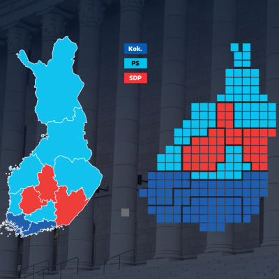 Eduskuntavaalituloksesta kaksi erilaista esitystapaa: perinteinen kartta ja kartogrammi, jossa pinta-ala on suhteessa alueen äänioikeutettujeen määrään.