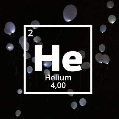 Heliums kemiska förkortning He inom en vit ram. I bakgrunden färggranna ballonger mot en svart natthimmel.