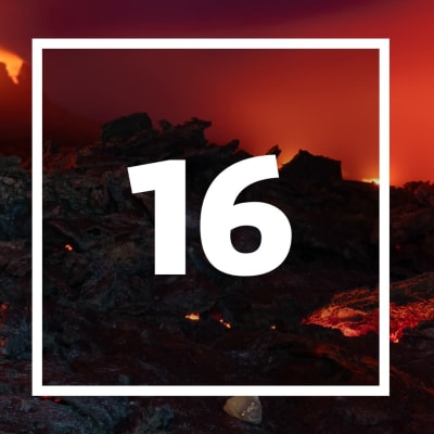 En ruta med siffran 16, i bakgrunden en vulkan och lava.