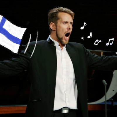 Tuunattu kuva Waltteri Torikasta laulamassa. Toisessa kädessä on Suomen lippu.