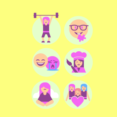 Keltaisella pohjalla erilaisia graafisia emojikuvia: voimannostaja, silmälasipäinen tyyppi palapelinpala suussa, naurava ja itkevä emoji vierekkäin, taiteilija pensseli kädessä, meditoiva tyyppi sekä kolme emojihahmoa, joiden edessä iso vaaleanpunainen sydän.