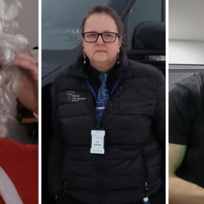 Kolme henkilöä kuvissa, jotka ovat jouluna töissä