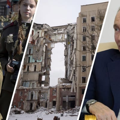 Fotomontage med tre bilder. Barn som uppträder i segerdagens parad i Ryssland. Den förstörda byggnaden i staden Mykolaiv. Rysslands president Vladimir Putin.