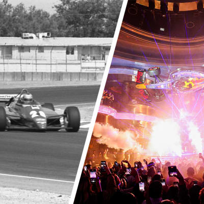 Yhdistelmäkuvassa kilpailukuvaa Las Vegasin 80-luvun Grand Prixistä ja Red Bullin vuoden 2023 tilaisuudesta.