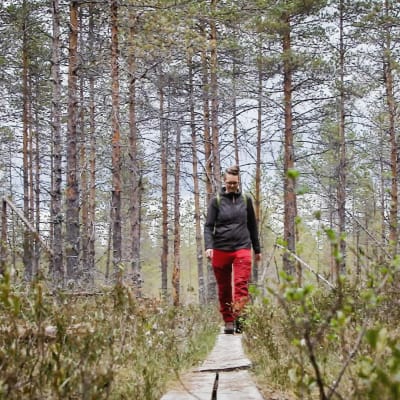 Eräopas Minna Jakosuo retkeilyvaatteissa kävelee pitkospuita kohti kameraa, ympärillä mäntymetsää