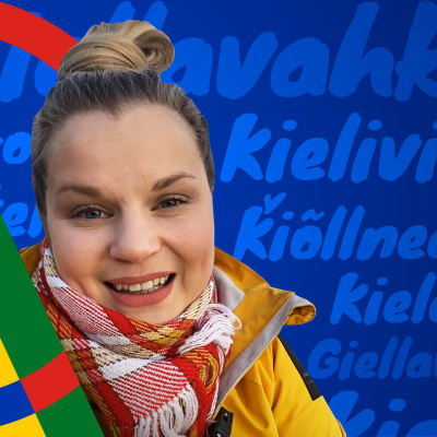Kuvakollaasi, naisen kasvot keskellä kuvaa, taustalla Saamen lipun värit ja kieliviikko sana eri saamen kielillä ja suomeksi kirjoitettuna