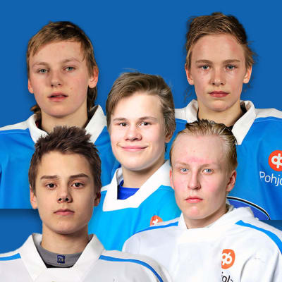 Nuoruudenkuvat Roope Hintz, Sebastian Aho, Jesse Puljujärvi, Mikko Rantanen ja Patrik Laine.