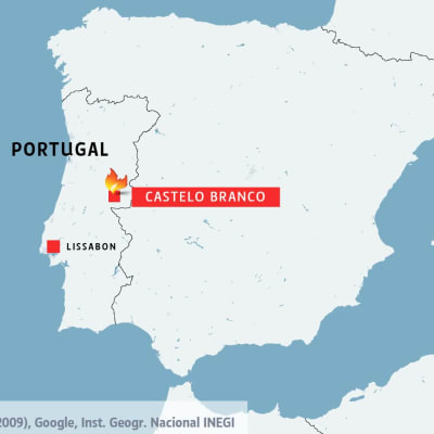 Portugals karta som visar var skogsbränderna härjar i Castelo Branco. 