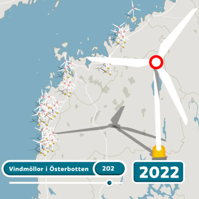 En grafikkarta över Österbotten med en massa vindmöllor på. 