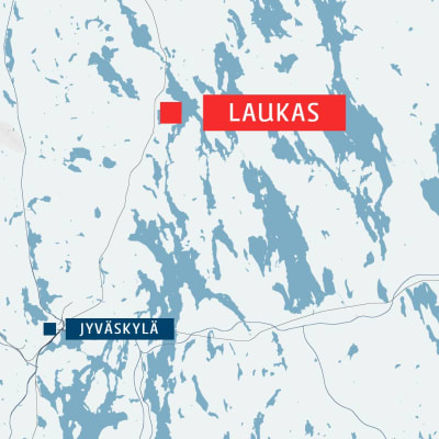 En karta som med en röd banner markerar var Laukas ligger, och med en blå var Jyväskylä ligger.