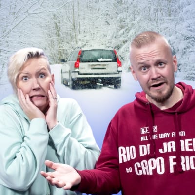Hanna Kataja-Rahko ja Jyrki Hakanen katsovat pelokkaina kameraan, kun auto on jäänyt tien varteen lumisessa maisemassa.