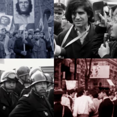 Kollaasi opiskelijamielenosoituksista Saksassa, Ranskassa ja Italiassa vuonna 1968: kulkueissa kannetaan Che Guevaran kuvaa, Daniel Cohn-Bendit puhuu mikrofoniin, ranskalaisia mellakkapoliiseja.